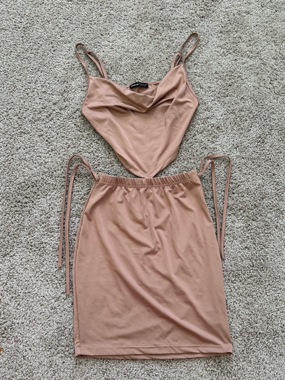 SHEIN Nude Pink Cowl Crop Top & Side-Tie Mini Skirt Set